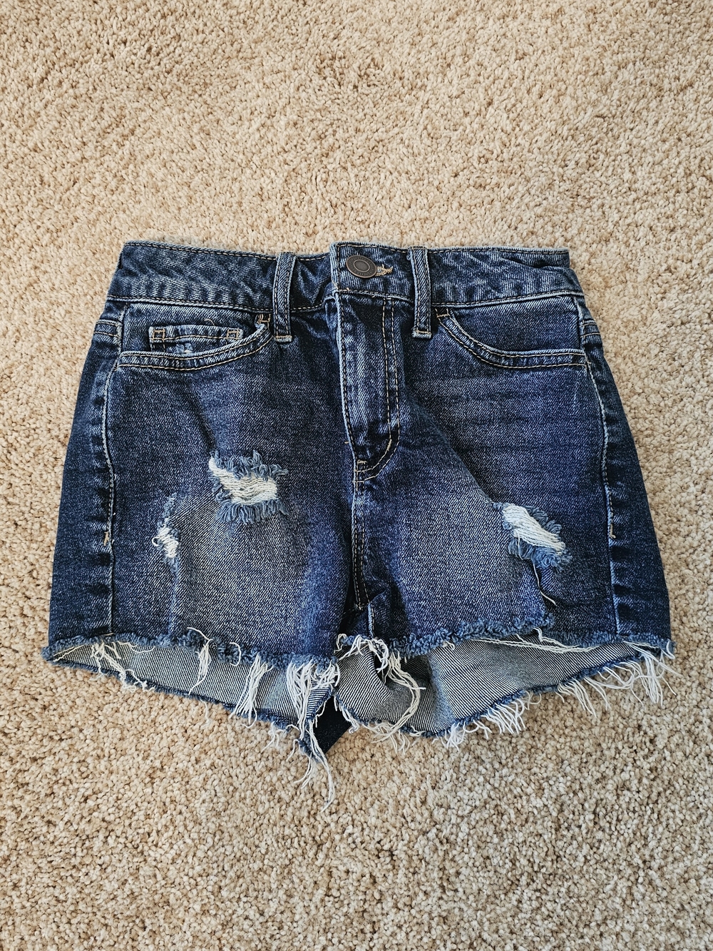 Dark Blue Distressed Denim Shorts - Women's
